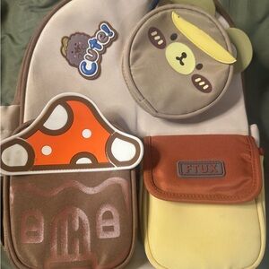 Charming Kids Backpack with Bear and Mushroom Design - Cream, Brown, Yellow